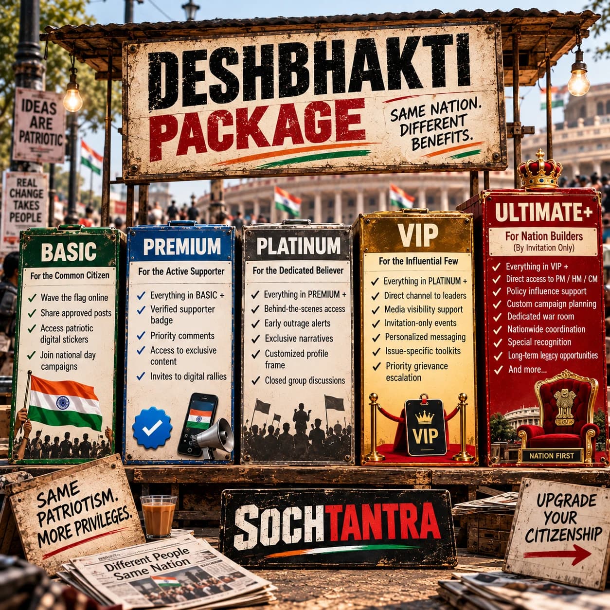 Deshbhakti Ka Package — SOCHTANTRA single artwork showing satirical patriotism packages